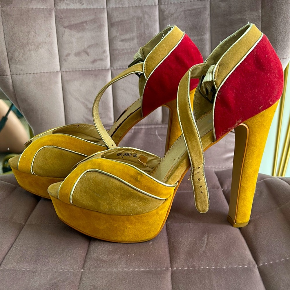 red and yellow/ gold pumps
